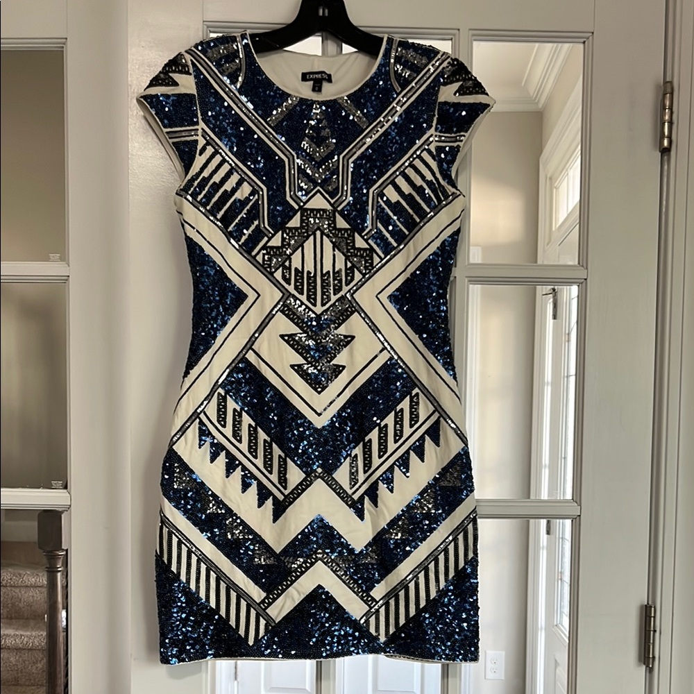 Express Blue and White Sequin Geometric Dress